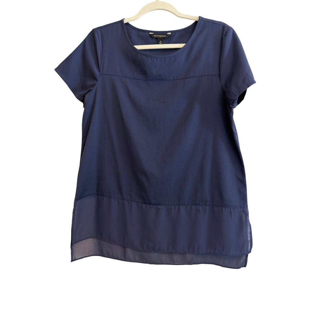 Banana Republic Blouse Womens M Navy Blue Layered Sheer Hem Short Sleeve Office